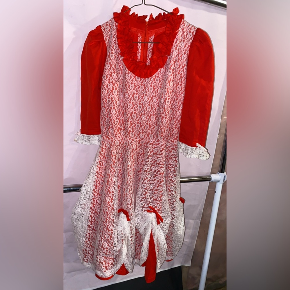 Red and White Lace Dress 1970s hand made retro